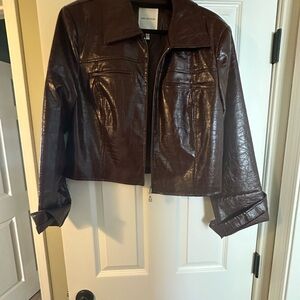 Avec Les Filles Dark Brown Leather Jacket with mini skirt